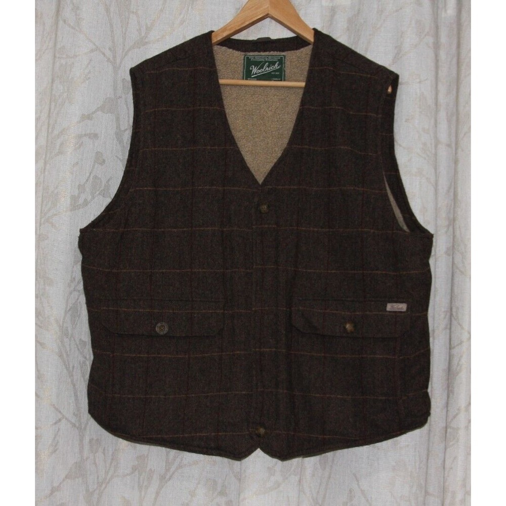 VTG Woolrich Wool Herringbone Check Brown Men's Vest‎ Sherpa Lined Sz XL Grandpa